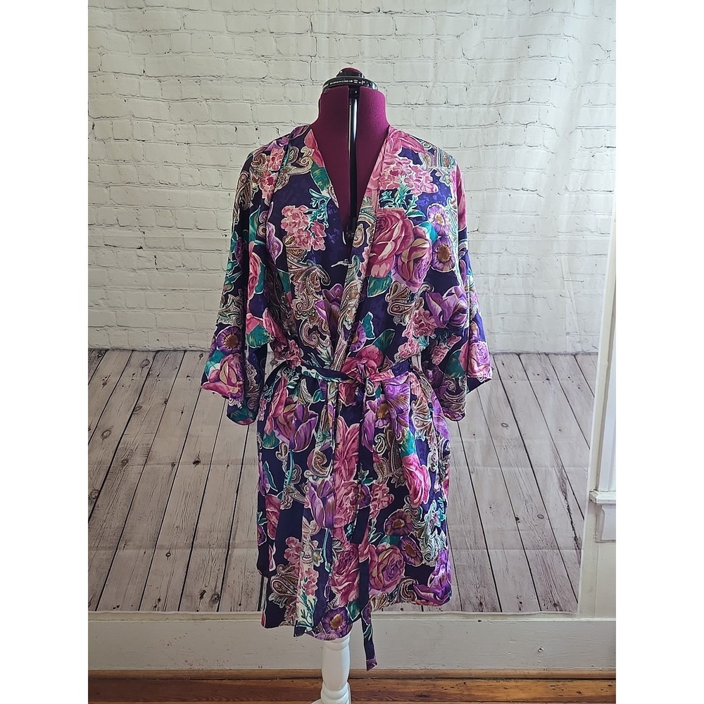 VTG California Miss Satin Purple Teal Floral Kimono Robe One Size 80s Glam Boho